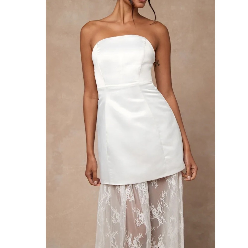 Lulus Winslet White Satin Sheer Hem Strapless Maxi Dress Open Back NWT XL - Picture 10 of 11
